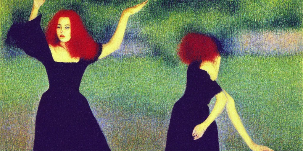 Image similar to a film still of suspiria by dario argento 1 9 7 7 movie, painted by georges seurat, by manet, impressionism, pointillism, high quality, detailed, print!, poster,