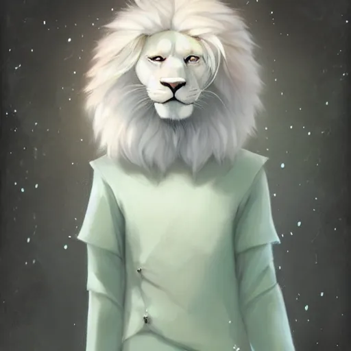 Image similar to aesthetic portrait commission of a albino male furry anthro lion wearing a cute mint colored cozy soft pastel winter outfit, winter Atmosphere. Character design by charlie bowater, ross tran, artgerm, and makoto shinkai, detailed, inked, western comic book art, 2021 award winning painting