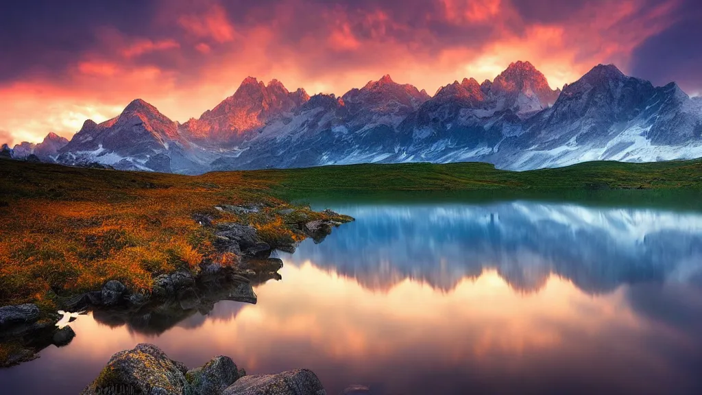 Image similar to amazing landscape photo of mountains with lake in sunset by marc adamus, beautiful dramatic lighting