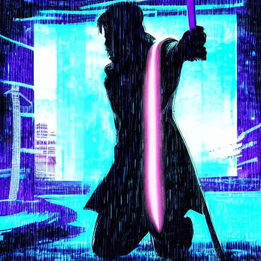 Prompt: silhouette of Miyamoto Musashi on his knees stabbing himself with a katana, blue and purple neon cubes coming out his back, cyberpunk art, rainy night, high quality, high detail, 4K, UHD, torii in the background, Takehiko Inoue style