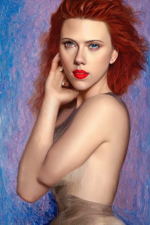 Prompt: oil painting, portrait of scarlett johansson, artwork by edward robert hughes