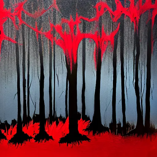 Image similar to a nightmarish creature in a dark forest with tall creepy trees, horrifying, black and red colours, wispy fog, ominous, accented paint strokes, detailed