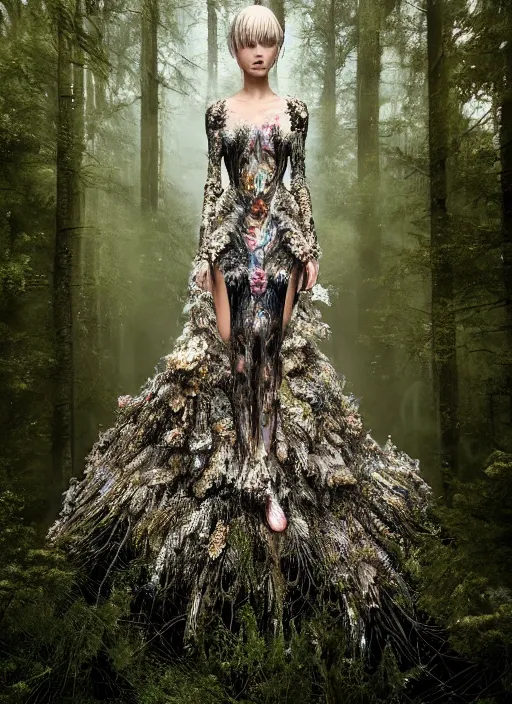 Prompt: a beautiful hyperrealistic ultradetailed 3D, one girl in a magnificent McQueen couture clothes on the background of a futuristic forest, Designer clothes, futuristic clothes, clothes from the future, biopunk, voge photo, fashion style, fullbody, in full growth, photorealistic, high resolution, trending on artstation, highly detailed, volumetric lighting, elegant, details, good clear quality, volumetric lighting,