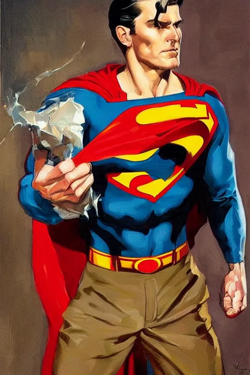 Prompt: superman vs homelader, painting by jc leyendecker!! phil hale!, angular, brush strokes, painterly, vintage, crisp
