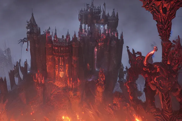 Image similar to big evil castle - city rock dark shadow elves, might and magic heroes vii, dark fantasy, shadows, artstation trending, unreal engine 5, red