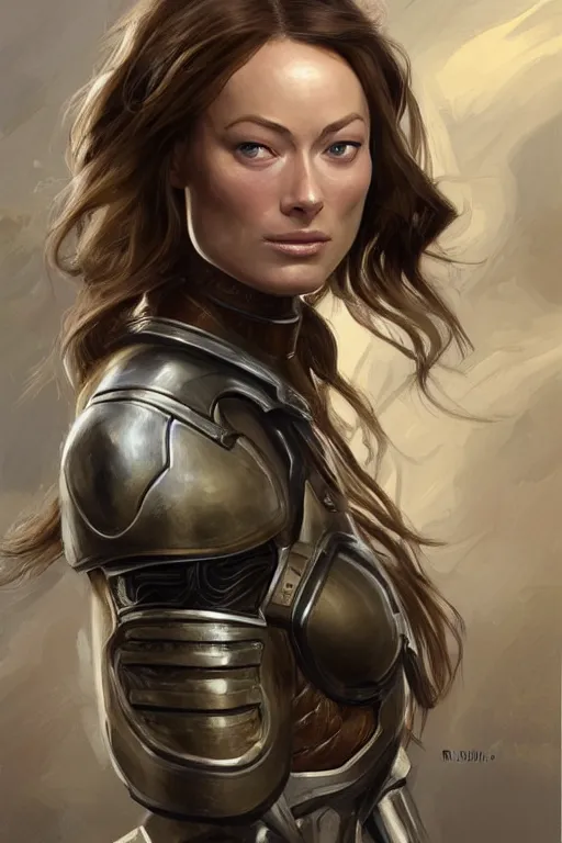 Image similar to a professional painting of a young Olivia Wilde, clothes in military armor, olive skin, long dark hair, beautiful bone structure, symmetrical facial features, intricate, elegant, digital painting, concept art, smooth, sharp focus, illustration, from StarCraft by Ruan Jia and Mandy Jurgens and Artgerm and William-Adolphe Bouguerea