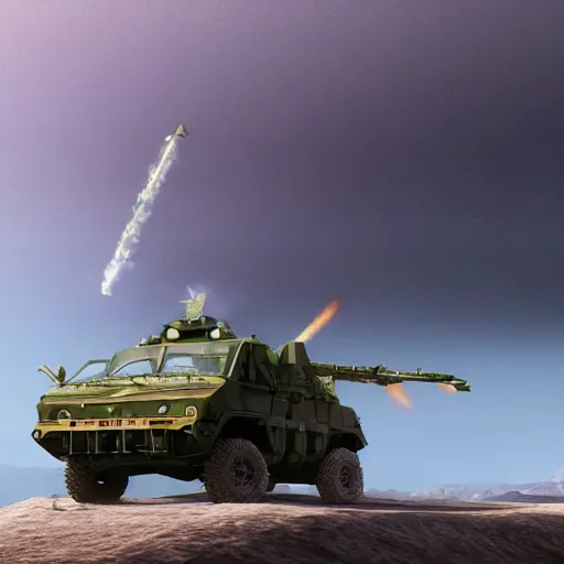 Image similar to Watermelon as military HIMARS vehicle with epic weapons, launching rockets on a battlefield, russian city as background. Concept digital 3D art in style of Caspar David Friedrich,unreal engine 5, artstationHD, 4k, 8k, 3d render, 3d Houdini, cinema 4d, octane epic RTX volumetric dramatic light