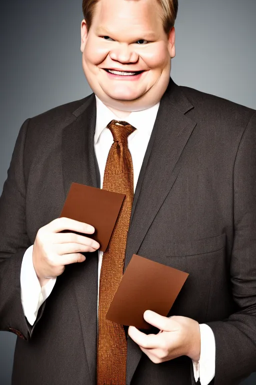 Prompt: andy richter wearing a brown suit and necktie, ultra hd photo, 3 5 mm close up, fish eye, realistic, smiling, holding a postcard from chicago,