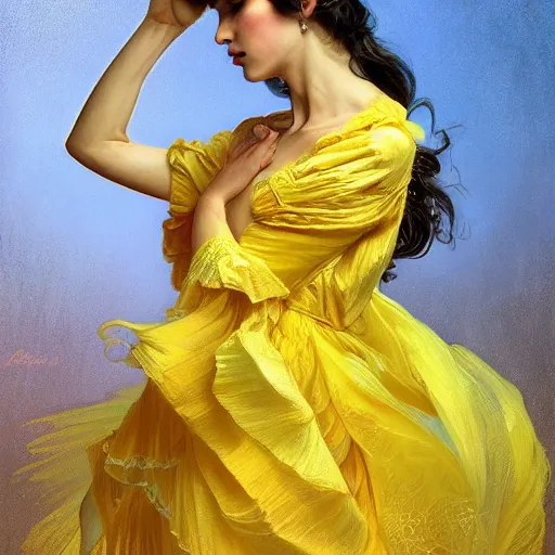 Image similar to a woman in a yellow organza dress dancing, fantasy character portrait, ultra realistic, intricate, elegant, highly detailed, digital painting, artstation, smooth, sharp, focus, illustration, art by artgerm and greg rutkowski and alphonse mucha,