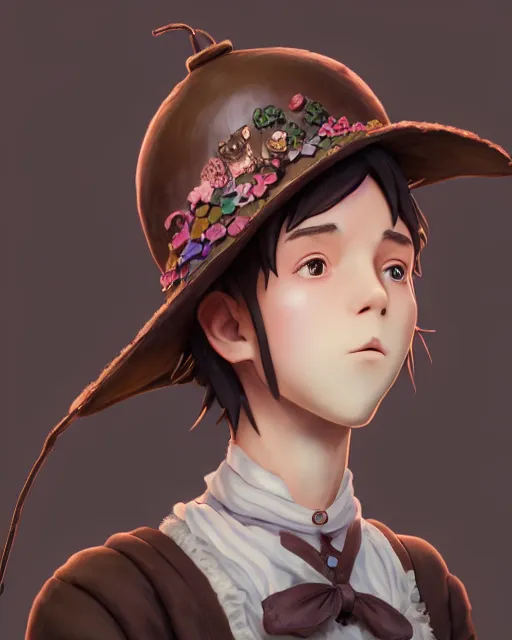 Prompt: a boy as ( fantasy personification of chocolate cupcake ), character design, cute hat, victorian inspired clothing, unreal engine, highly detailed, smooth, digital illustration by artgerm, studio ghibli, sharp focus, artstation. ribbons, fractal swirls. a fantasy bakery background by studio ghibli, makoto shinkai, global illumination, blender, maya 8 k