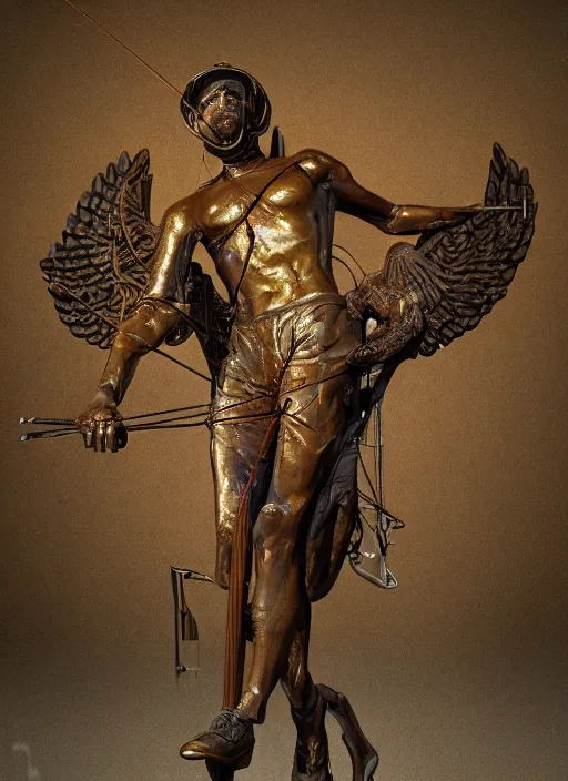 Image similar to An epic fantastic realism comic book style painting of a distressed bronze archery sculpture from the future by Stanislaw Szukalski, gilded colorful marbled paper background, winged archer, fisheye lens, unreal 5, DAZ, hyperrealistic, octane render, dynamic lighting
