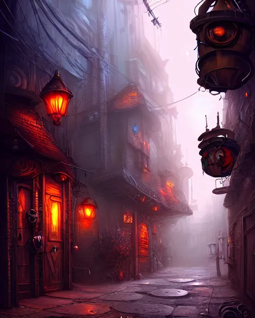 Image similar to street view of an otherworldly alley in the planescape city named sigil, crowded, beautiful digital painting in the style of wlop, volumetric lightning, intricate details, ultra realistic, by art germ, by gerard brom, steampunk, fantasypunk, deep colors, amazing d & d art, trending cgsociety, artstation, sharp