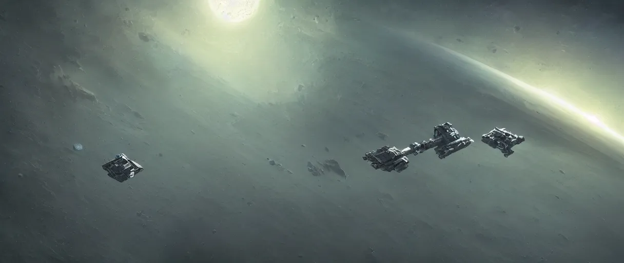 Prompt: illustration, a single small spaceship, deep space exploration, alone, the expanse tv series, industrial design, battlestar galactica tv series (2004), cinematic lighting, 4k, greebles, widescreen, wide angle, sharp and blocky shapes, hyper realistic, hubble photography, the final frontier, beksinski, simon stalenhag