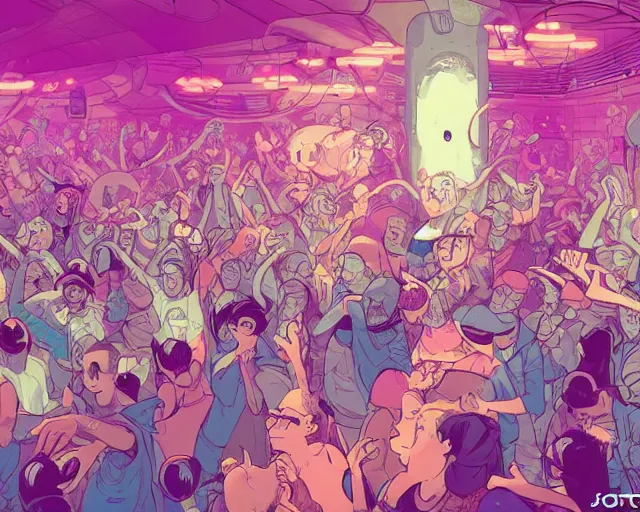 Image similar to a study of cell shaded cartoon of fairies raving in a nightclub, illustration, wide shot, subtle colors, post grunge, concept art by josan gonzales and wlop, by james jean, Victo ngai, David Rubín, Mike Mignola, Laurie Greasley, highly detailed, sharp focus, alien, Trending on Artstation, HQ, deviantart, art by artgem