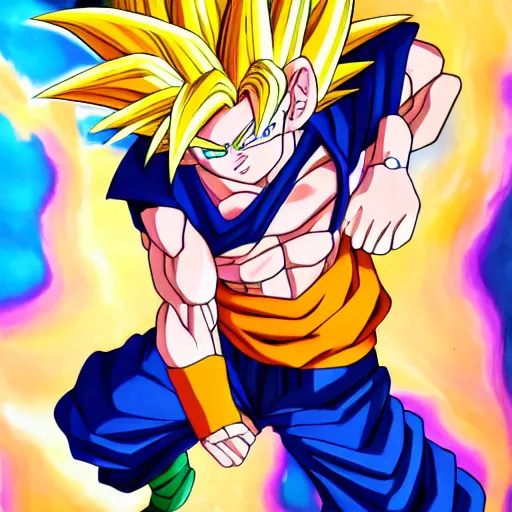 Prompt: fusion of goten and trunks, gotenks, anime, 4 k, detailed, full body, painting, on paper, paint smears, smooth