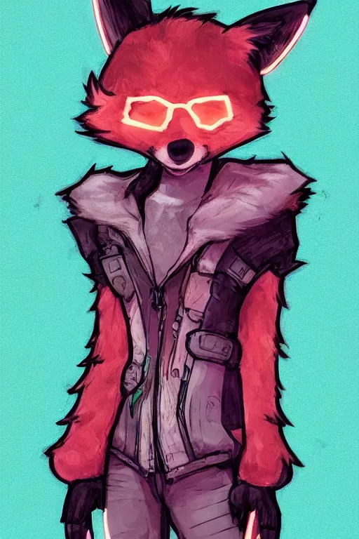 Prompt: a cyberpunk anthropomorphic fox with a fluffy tail, comic art, trending on furaffinity, cartoon, kawaii, backlighting, furry art!!!, chibi, neon