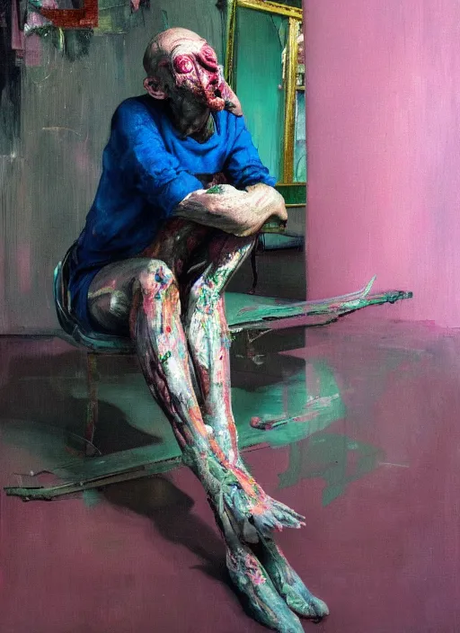 Image similar to an insane, skinny, artist wearing torn overalls, expressive emotions, inside a grand messy studio, depth of field, hauntingly surreal, highly detailed oil painting, by francis bacon, edward hopper, adrian ghenie, glenn brown, soft light 4 k in pink, green and blue colour palette, cinematic composition, high quality octane render, masterpiece