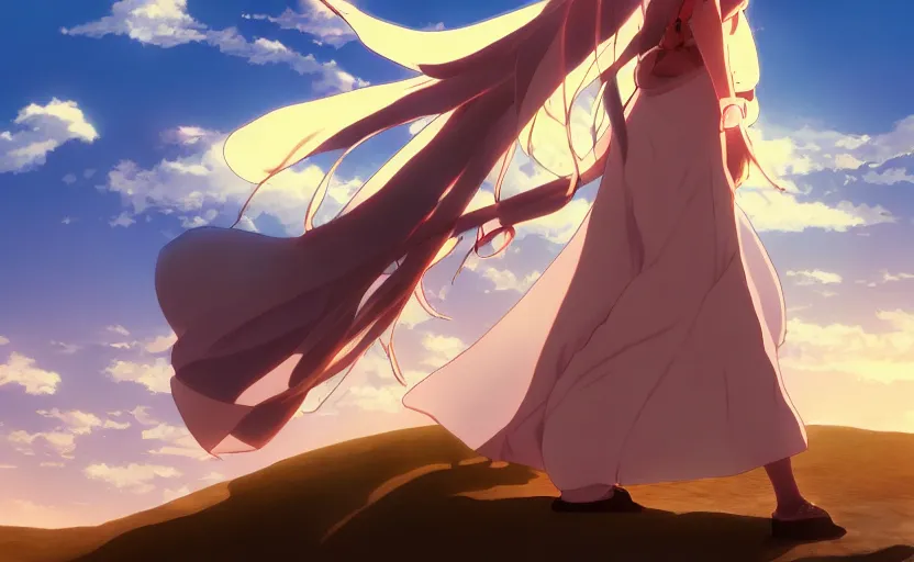 Prompt: An anime girl walking through a desert, wearing a traditional Arabian outfit, anime scenery by Makoto Shinkai, digital art