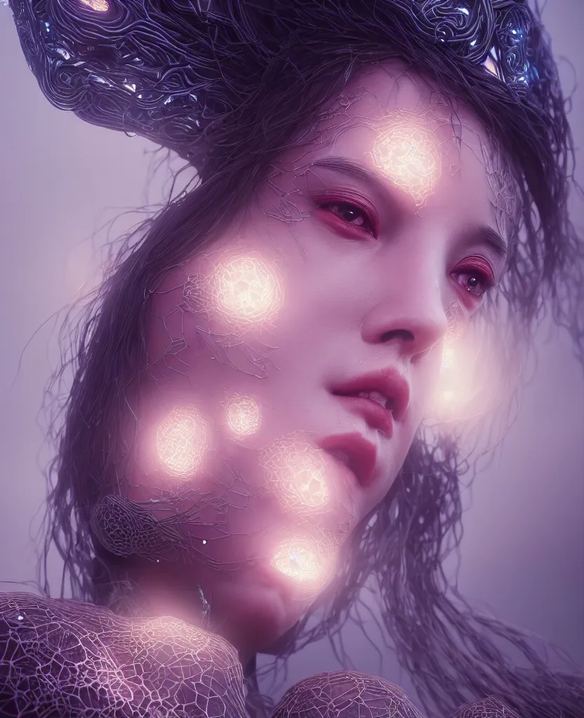 Image similar to goddess close-up portrait, giant spider queen, bioluminiscent, intricate artwork by Tooth Wu and wlop and beeple. octane render, trending on artstation, greg rutkowski very coherent symmetrical artwork. cinematic, hyper realism, high detail, octane render, 8k