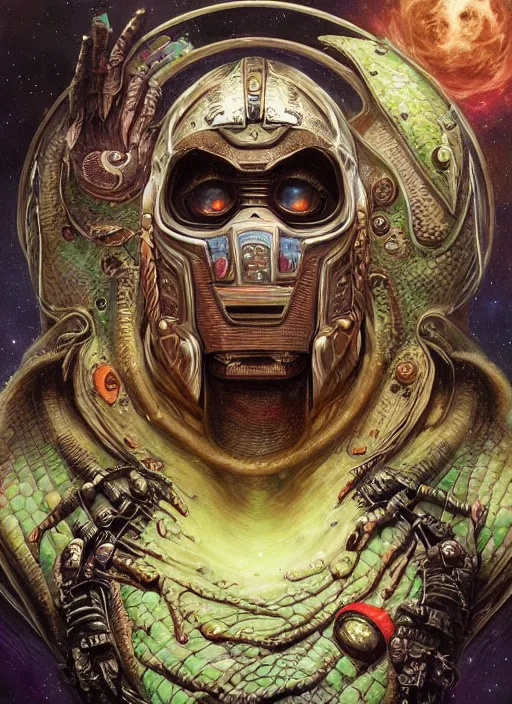 Prompt: spaceship mf doom reptile eyes, cosmic lsd poster art, intricate, elegant, highly detailed, centered, digital painting, artstation, concept art, smooth, sharp focus, illustration, artgerm, tomasz alen kopera, peter mohrbacher, donato giancola, joseph christian leyendecker, wlop, frank frazetta