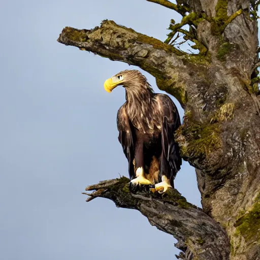 Prompt: white tailed eagle eating a salmon on top of a tree award-winning shot