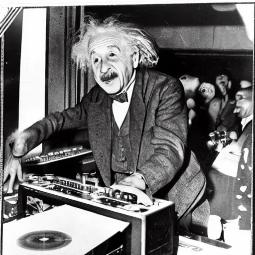 Prompt: photo of Albert Einstein DJing a record player at a nightclub, vintage, highly detailed facial features, at a nightclub