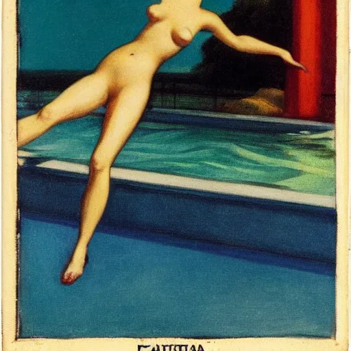 Image similar to dusty fantastic pool madeira platinum, by edward hopper and francisco goya, tarot card, seapunk