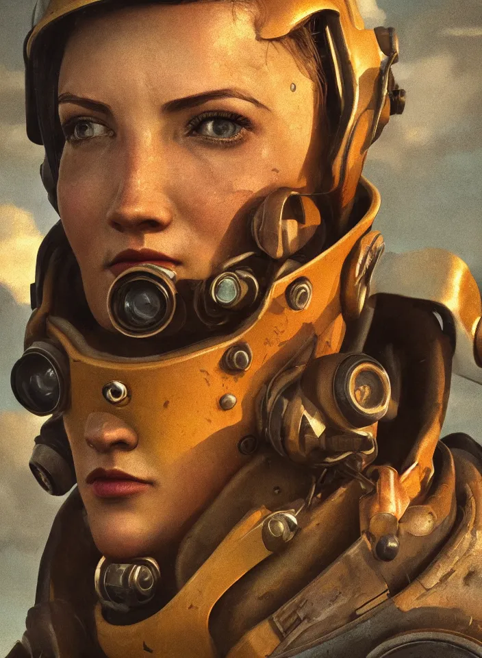 Prompt: a face portrait of a female explorer in fallout 4, scifi setting, fallout environment, drab colors, serene lighting, atmospheric, cinematic, moody, in the style of diego koi, gina heyer, luiz escanuela, art by alyssa monk, hyperrealism, rule of thirds, golden ratio, oil on canvas, 8 k