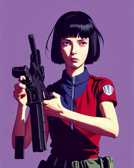 Image similar to girl wearing uniform, holding gun | | audrey plaza, fine detail!! anime!! realistic shaded lighting!! dramatic!! poster by ilya kuvshinov katsuhiro otomo ghost - in - the - shell, magali villeneuve, artgerm, jeremy lipkin and michael garmash and rob rey