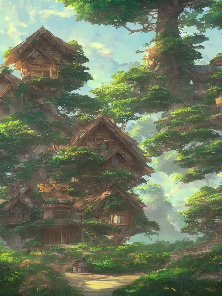 Image similar to a beautiful painting of a gucci cottage tree house, anime landscape, morning light, in the style of ross tran, studio ghibli and kay john yim, cgsociety highly detailed, 8 k