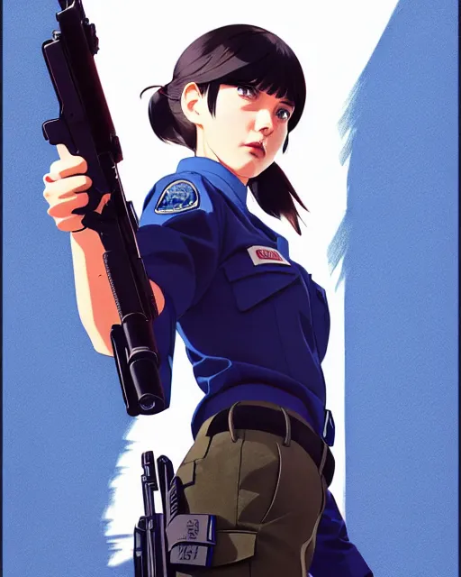 Image similar to girl wearing uniform, holding pistol at side, side view, looking down | | audrey plaza, fine detail!! anime!! realistic shaded lighting!! poster by ilya kuvshinov katsuhiro otomo ghost - in - the - shell, magali villeneuve, artgerm, jeremy lipkin and michael garmash and rob rey