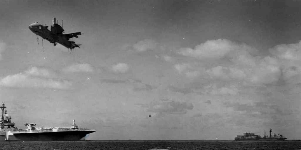 Image similar to a black monolith floats in the sky. aircraft carrier in background. 1 9 5 0, archive photo