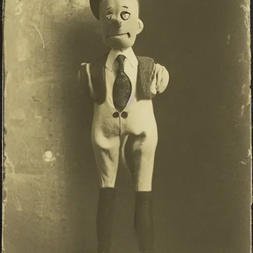 Image similar to ventriloquist figure, photograph, style of atget, old, creepy, smiling