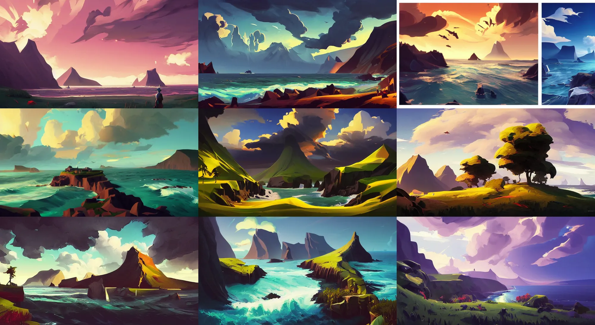 Prompt: landscape painting by sargent dark painting treasure on sea of thieves game smooth median photoshop filter cutout vector, faroe azores falklend lofoten by jesper ejsing, by rhads, makoto shinkai and lois van baarle, ilya kuvshinov, rossdraws global illumination adove low black thunder clouds sky image overcast