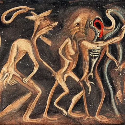 Prompt: cave painting of xenomorphs and cavemen fighting