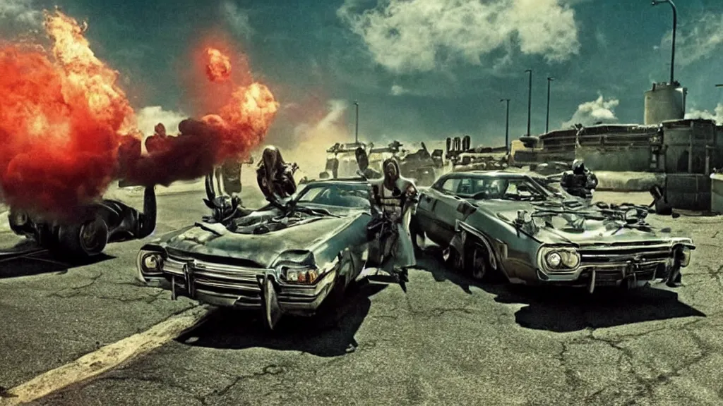 Prompt: film still from the movie death race three thousand, cult cinema, pulp cinema, vintage, nineteen seventies, saturated color, cinematic lighting, cinematic composition, ultra realistic, highly detailed, wide screen, panavision