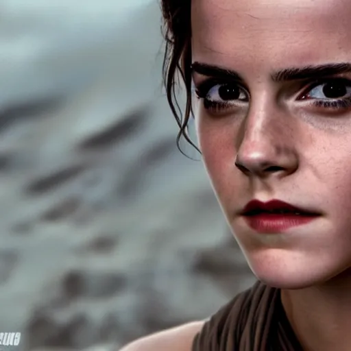 Image similar to Emma Watson modeling as Rey in Star Wars, (EOS 5DS R, ISO100, f/8, 1/125, 84mm, postprocessed, crisp face, facial features)