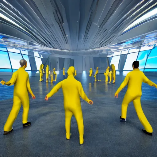 Image similar to futuristic world with people wearing yellow jump suits, 8 k resolution, cinematic lighting, anatomically correct