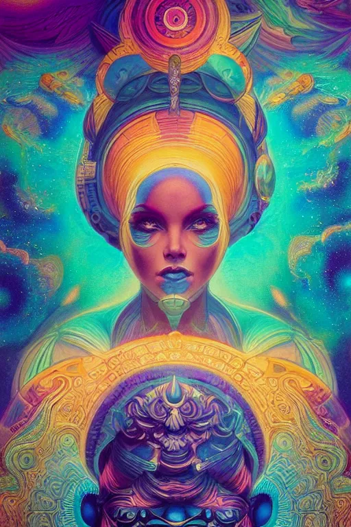 Prompt: goddess of space and dreams, psychedelic, mandala, coherent design, symmetrical, face by artgerm, trending on artstation, vivid color, complementary color, golden ratio, detailed, sharp lines, sharp focus, intricate, rainbowshift, peter mohrbacher, gustave dore, maxfield parrish, alphonse mucha, deviantart, octane render