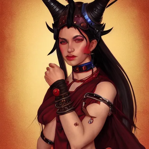 Image similar to portrait of a female berber tiefling with red skin, devil horns and black hair in a ponytail wearing a steel chestplate in a desert, fantasy, highly detailed, digital painting, artstation, concept art, character art, art by artgerm and tyler jacobson and alphonse mucha