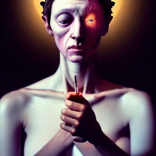 Image similar to Colour Caravaggio style Photography of Beautiful woman with highly detailed 1000 years old face wearing higly detailed sci-fi halo above head designed by Josan Gonzalez. Woman holding cigarette between fingers in her hand, Many details by Kidmograph . In style of Josan Gonzalez and Mike Winkelmann andgreg rutkowski and alphonse muchaand Caspar David Friedrich and Stephen Hickman and James Gurney and Hiromasa Ogura. volumetric natural light