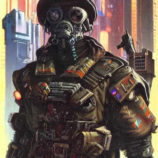 Prompt: a cyberpunk soldier, centered, painted by frank frazetta