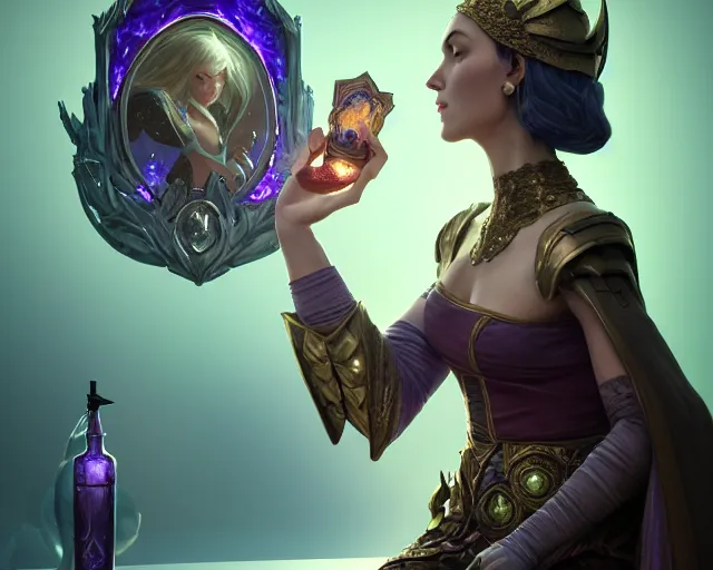 Image similar to photography 3 d render of a magic potion, deep focus, d & d, fantasy, intricate, elegant, highly detailed, digital painting, artstation, concept art, matte, sharp focus, illustration, hearthstone, art by artgerm and greg rutkowski and alphonse mucha