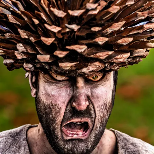 Image similar to pine cone headed man with clear blue eyes very angry, rule of thirds, super sharp, low resolution, ultra detailed.