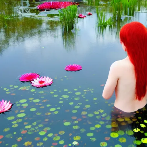 Prompt: A red-haired girl bathes in a lake where water lilies are floating, High definition, detailed,