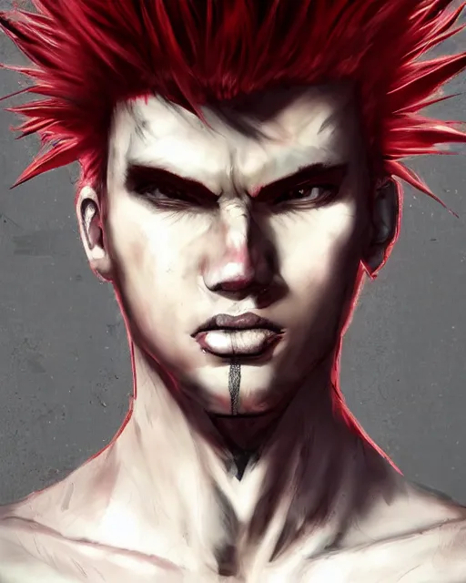 Image similar to young man with a short red dyed mohawk, red eyes and a slim face, gauged ears, dressed in crustpunk clothing, headshot, attractive, handsome, in color, no makeup, model, trending on artstation, high quality art, character design, realism