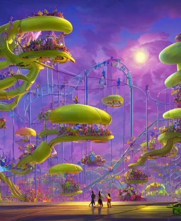 Image similar to simplicity, an elegant amusement park made out of seamless fat asymmetrical organic creatures, in the style of an aerodynamic blobby robot, overgrown with orchids, partly cloudy, sun - drenched, dramatic lighting, by dan mumford, yusuke murata, makoto shinkai, ross tran, cinematic, unreal engine, cel shaded, featured on artstation, pixiv