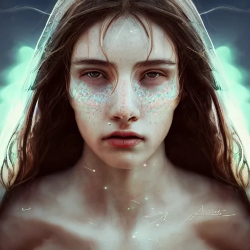 Image similar to portrait art of female angel, art by alessio albi 8 k ultra realistic, angel wings, lens flare, atmosphere, glow, detailed, intricate, full of colour, led lighting, trending on artstation, 4 k, hyperrealistic, focused, extreme details, unreal engine 5, masterpiece