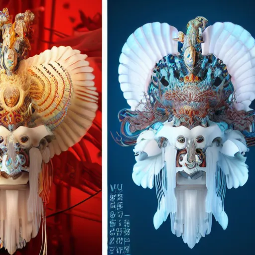 Image similar to 3 d goddess close - up profile portrait russian with ram skull. beautiful intricately detailed japanese crow kitsune mask and clasical japanese kimono. betta fish, jellyfish phoenix, bio luminescent, plasma, ice, water, wind, creature, artwork by tooth wu and wlop and beeple and greg rutkowski