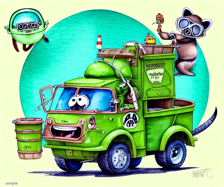 Image similar to cute and funny, racoon wearing goggles driving a tiny garbage truck, ratfink style by ed roth, centered award winning watercolor pen illustration, isometric illustration by chihiro iwasaki, edited by craola, tiny details by artgerm and watercolor girl, symmetrically isometrically centered